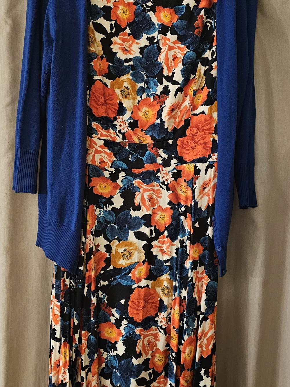 Floral Maxi Dress in Black with Orange and Blue Blooms